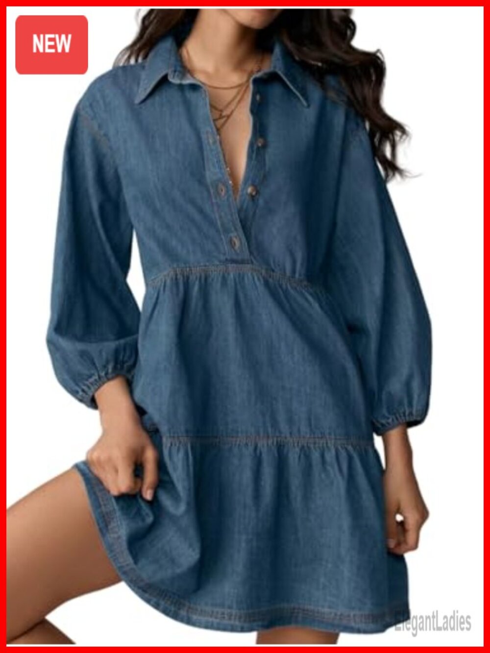 Womens Denim Mini Dress 3/4 Puff Sleeve Button Down Collared Babydoll Jean